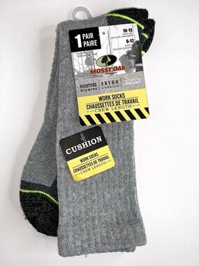 Mossy Oak Mens Crew Work Socks - Shoe Size 6-12 Gray Cushion Wicking 1 Pr NWT